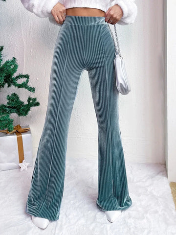 Women’s Flared Pants – High Waist Pull-On – Ribbed Texture – Full Length Wide Leg