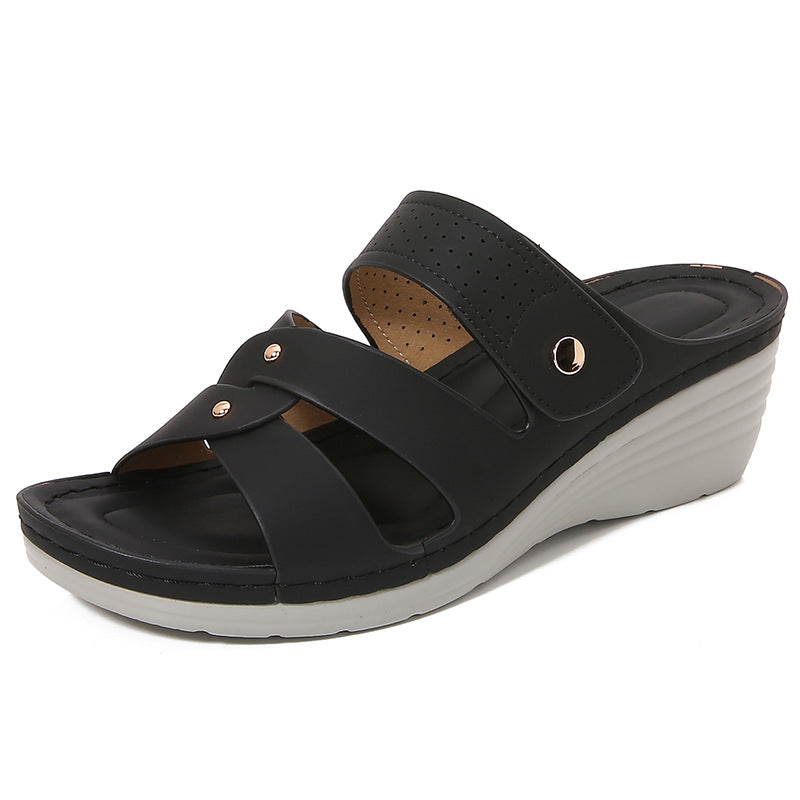 Women’s Wedge Sandals – Faux Leather – Open Toe – Rivet Strap – Slip-On Comfort