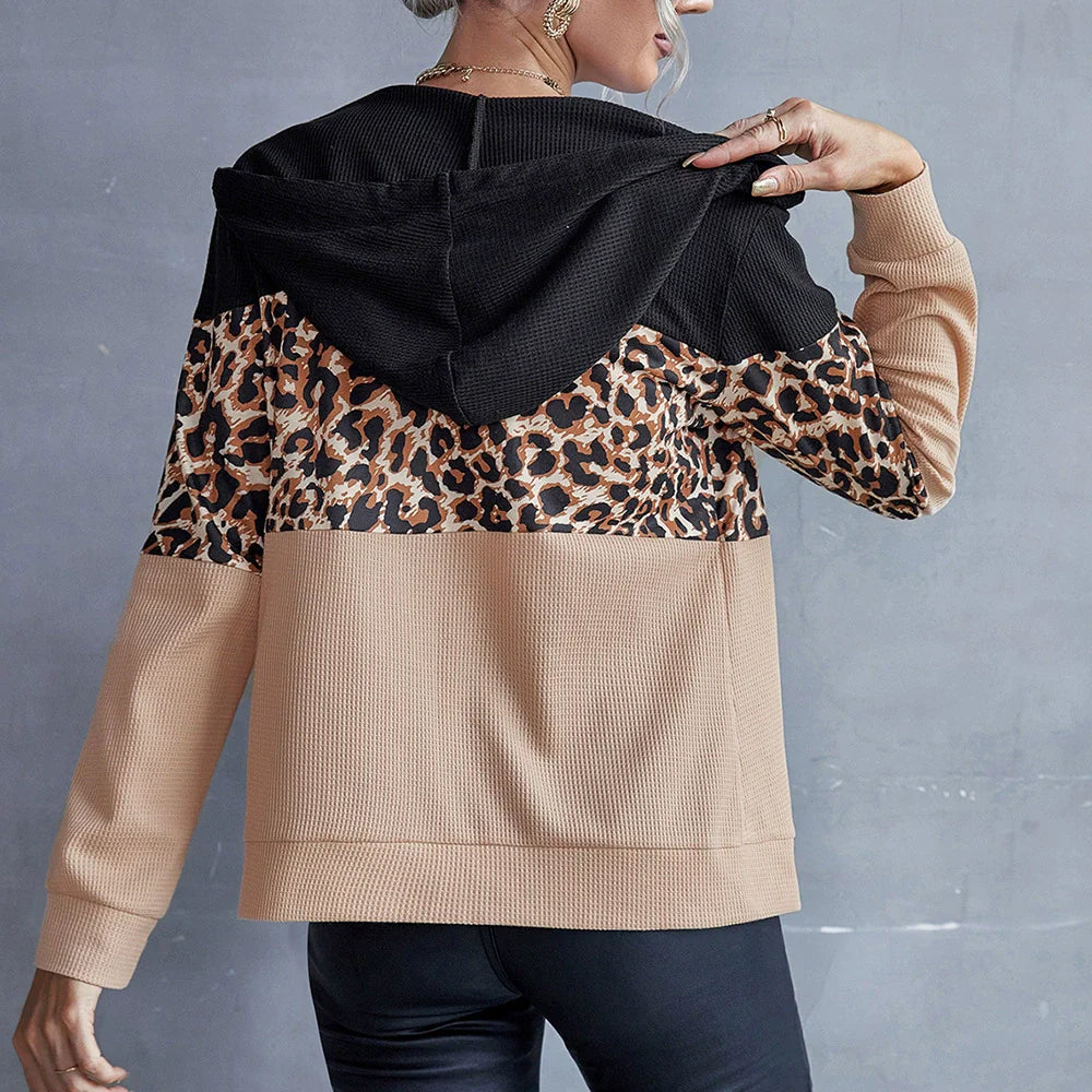 Women’s Hooded Sweatshirt – Relaxed Fit – Knitted Patchwork – Zipper Front Casual Layer