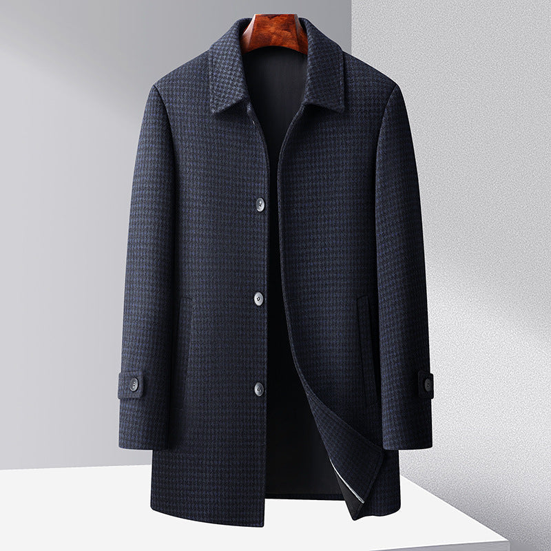Men’s Mid-Length Coat – Wool – Regular Fit – Houndstooth – Single-Breasted – Button Cuffs