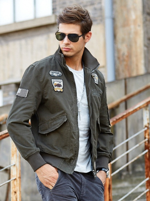 Men’s Bomber Jacket – Classic Fit – Military Patches – Stand Collar – Utility Pocket