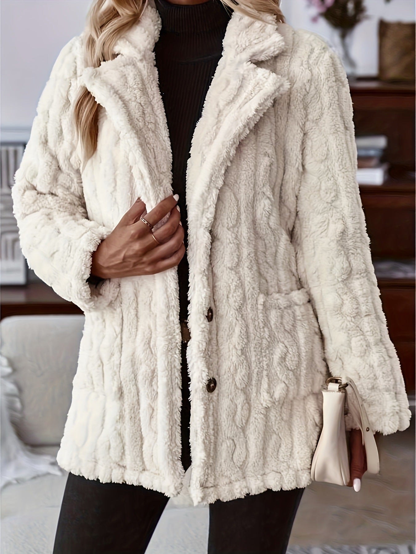 Women’s Cardigan Jacket – Oversized Fit – Plush Texture – Lapel Collar – Mid-Thigh Length