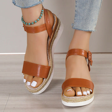 Women’s Wedge Sandals – Faux Leather Upper – Jute Platform – Open Toe – Buckle Strap