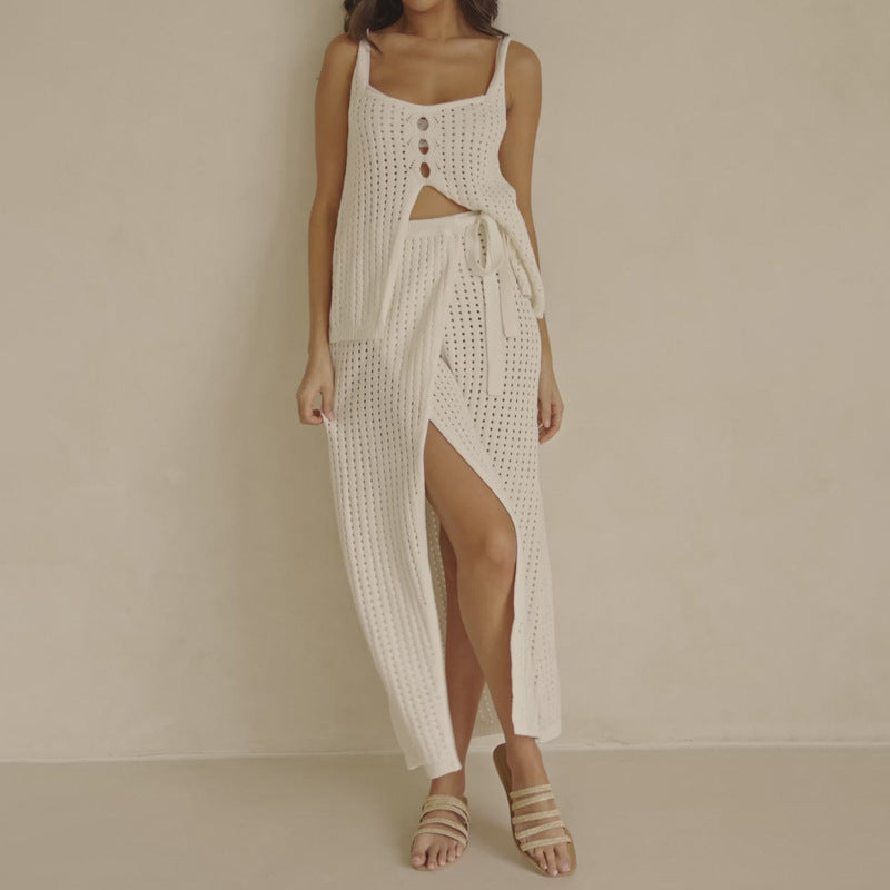 Women’s Two-Piece Knit Set – Cropped Button Top – Slit Maxi Skirt – Lightweight Fabric
