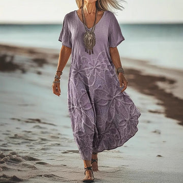Women’s Mid-Length Dress – Relaxed Fit – V Neck – Short Sleeve – Artistic Floral Print