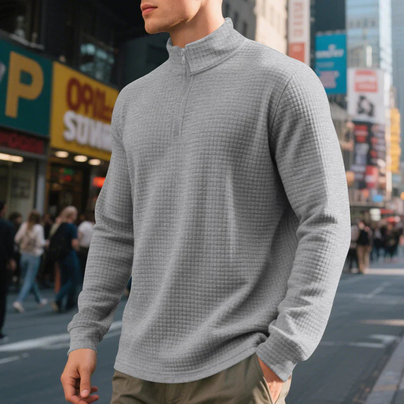 Men’s Sweater – Regular Fit – Quilted Knit Texture – Stand Collar – Quarter Zip