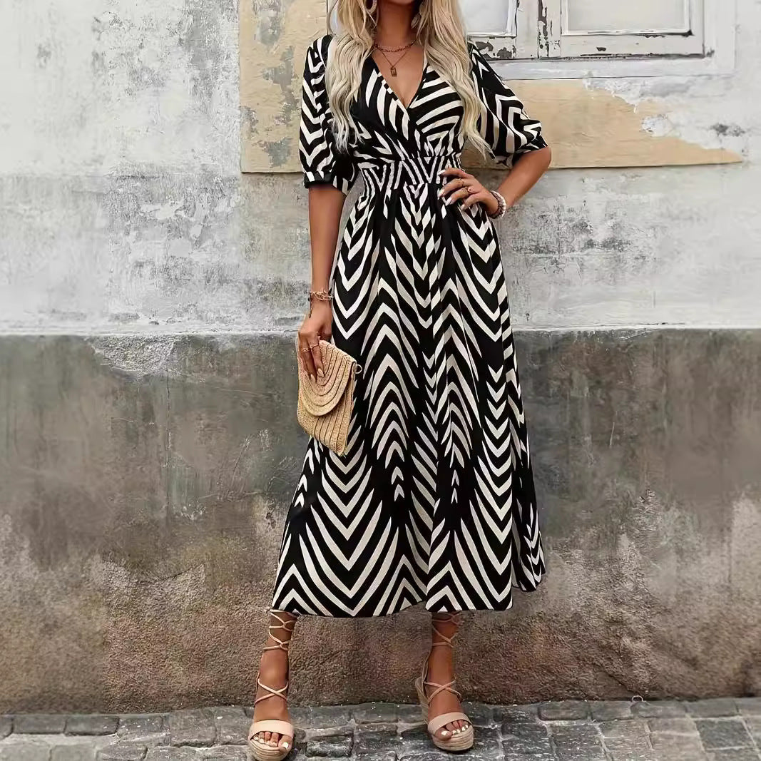 Women’s Midi Dress – A-Line Fit – V-Neck Wrap – Puff Sleeve – Belted Waist – Geometric Pattern