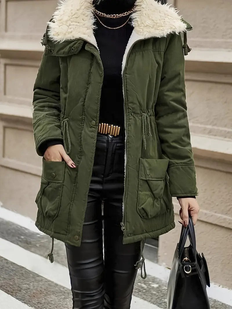 Women’s Parka Jacket – Mid-Length Relaxed Fit – Faux Fur Hood – Utility Pockets – Drawstring Waist