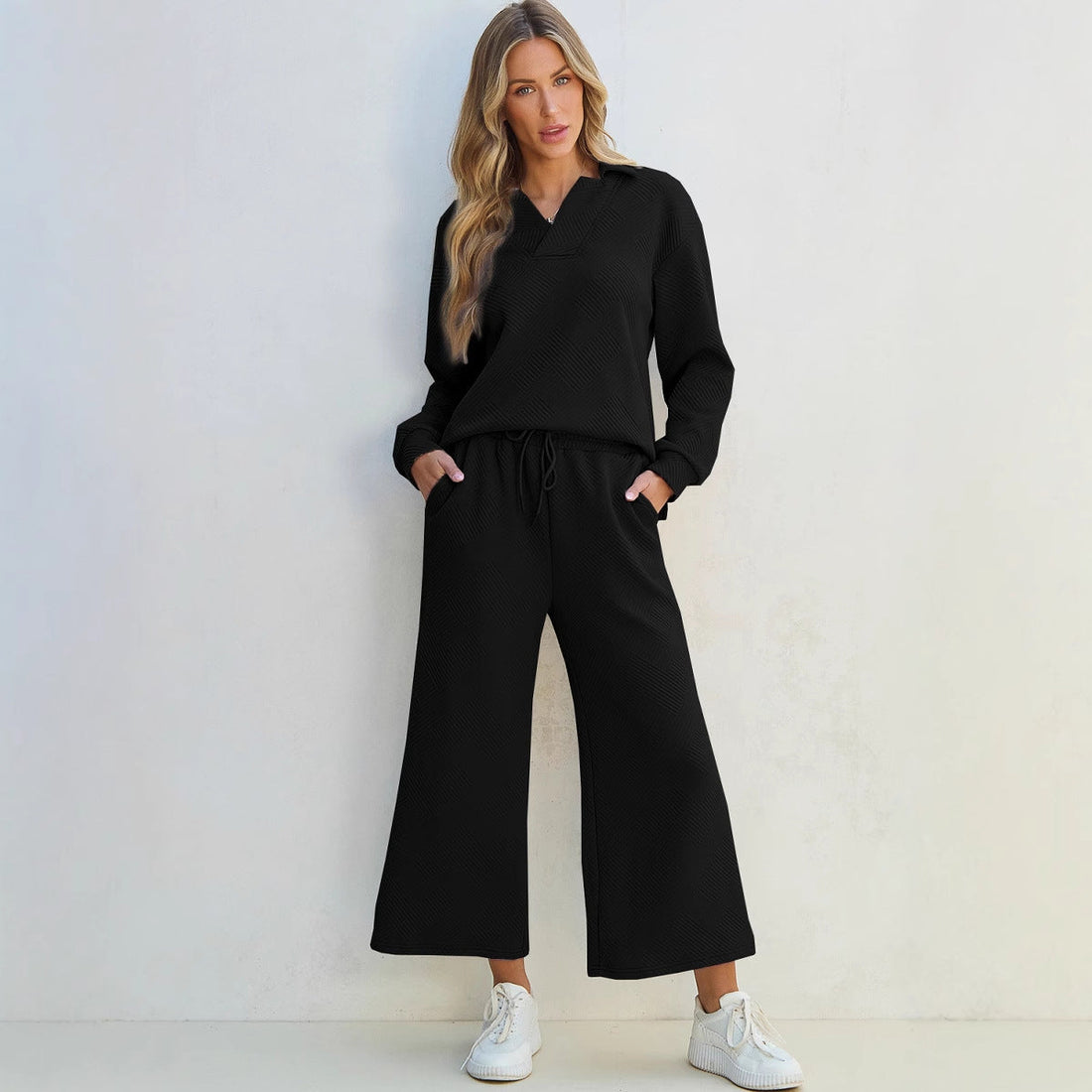 Women’s Lounge Set – Knit Two-Piece – Relaxed Fit – Drawstring Waist – Full Length