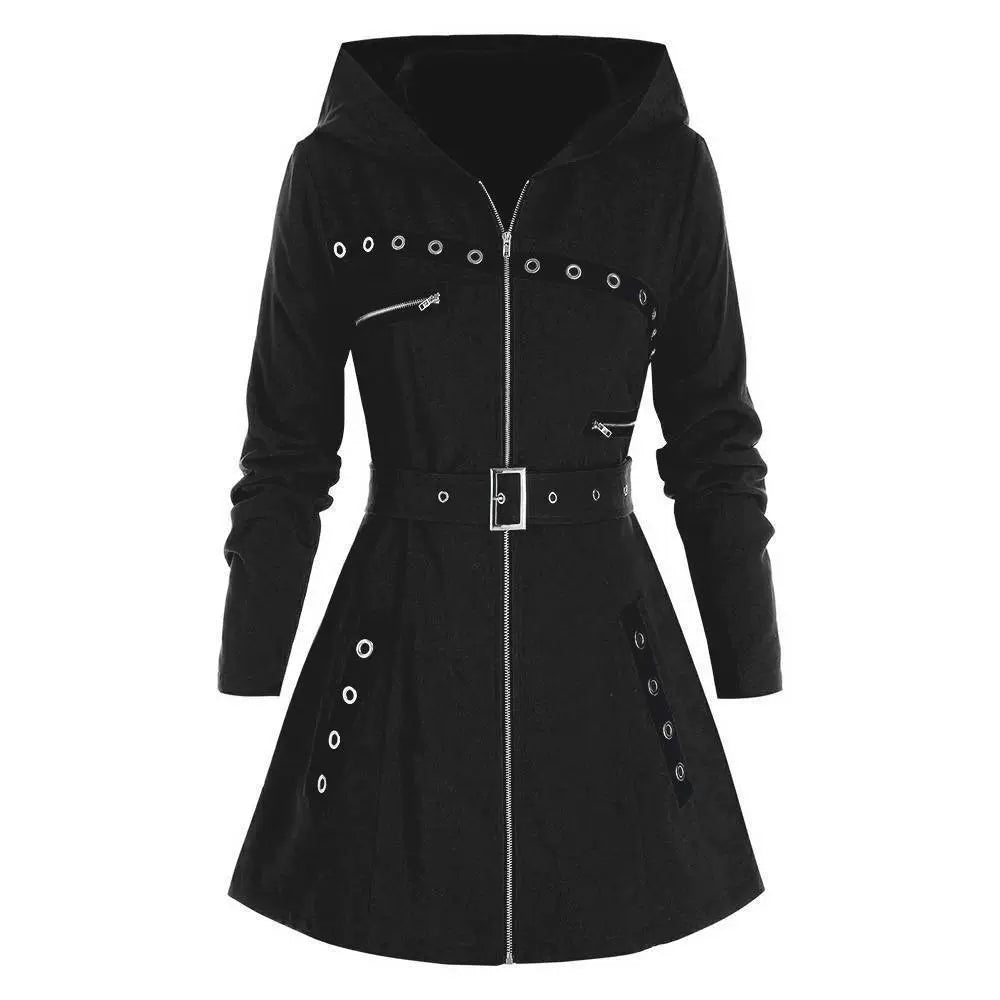 Women’s Hooded Coat – Slim Fit – Asymmetrical Hem – Metallic Zipper & Grommets