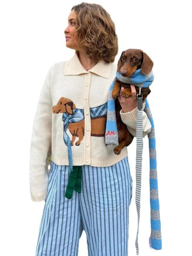 Women’s Cardigan Sweater – Cropped Fit – Knit Texture – Button Front – Dachshund Graphic
