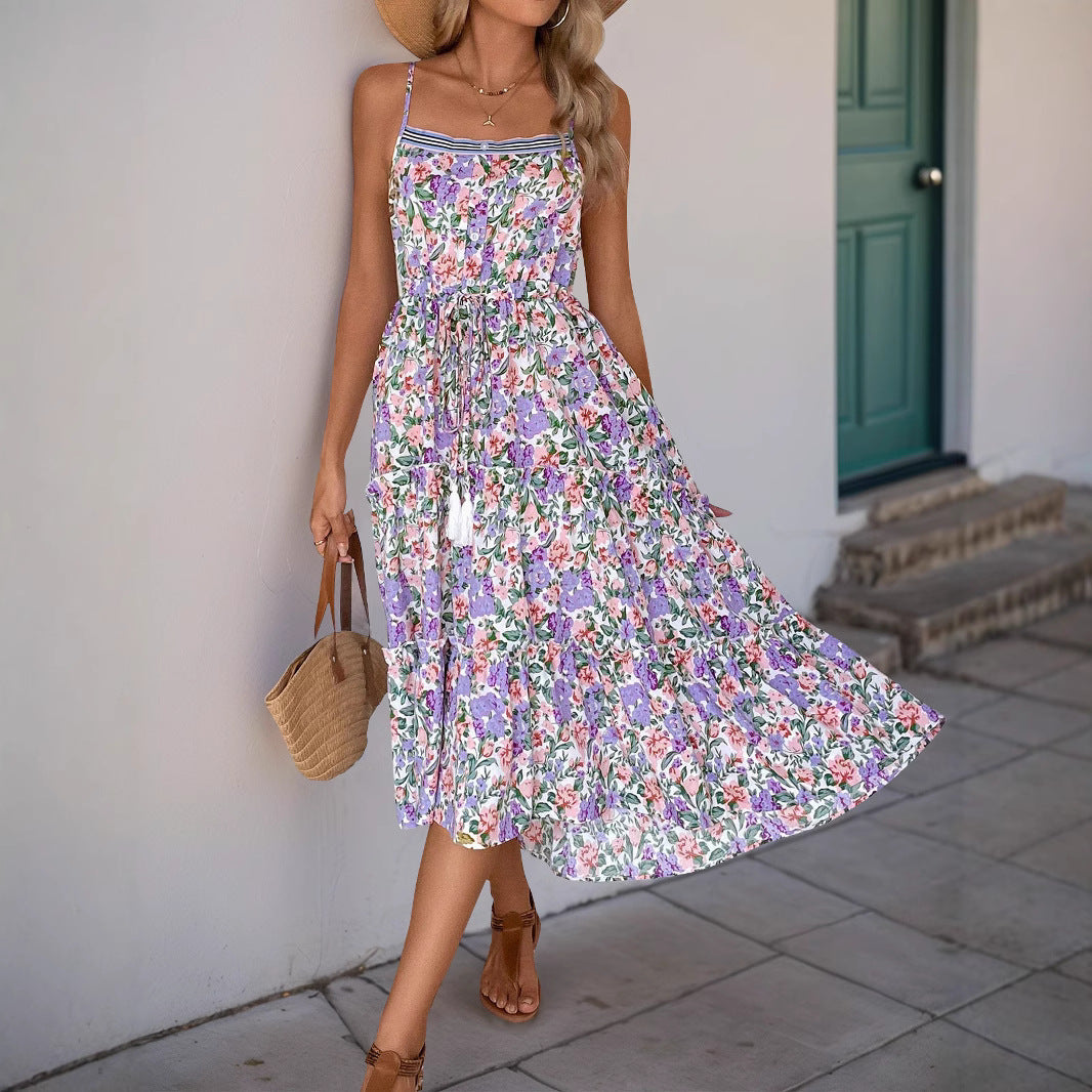 Women’s Midi Dress – Fit and Flare – Floral Print – Ruffle Hem – Drawstring Waist