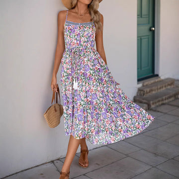 Women’s Midi Dress – Fit and Flare – Floral Print – Ruffle Hem – Drawstring Waist