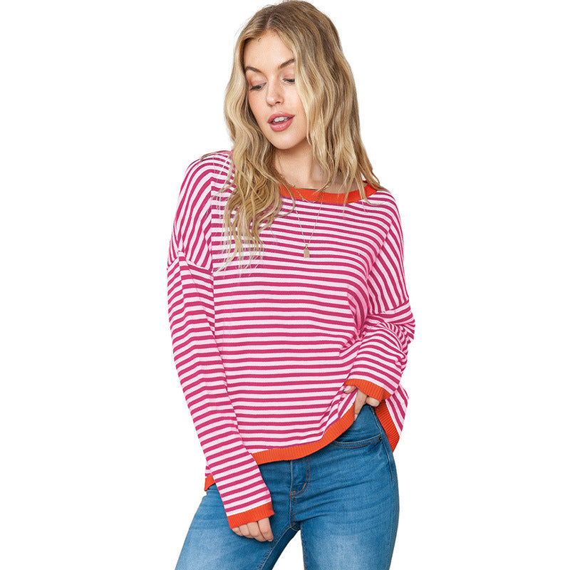Women’s Sweater – Relaxed Fit – Knitted Stripe Design – Drop Shoulder – Ribbed Trim