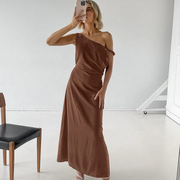 Women's Long Dress - Cotton Linen Blend - Asymmetrical Off-Shoulder - Elegant Fit