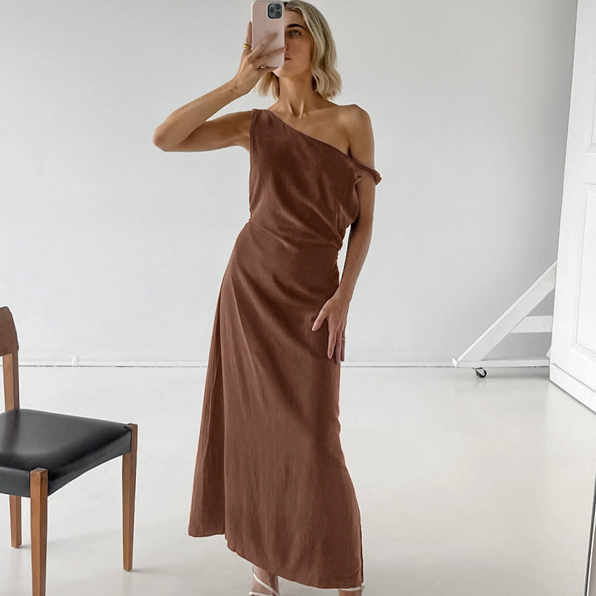 Women’s One-Shoulder Dress – Cotton Linen Blend – Slim Fit – Full Length Elegant Cut