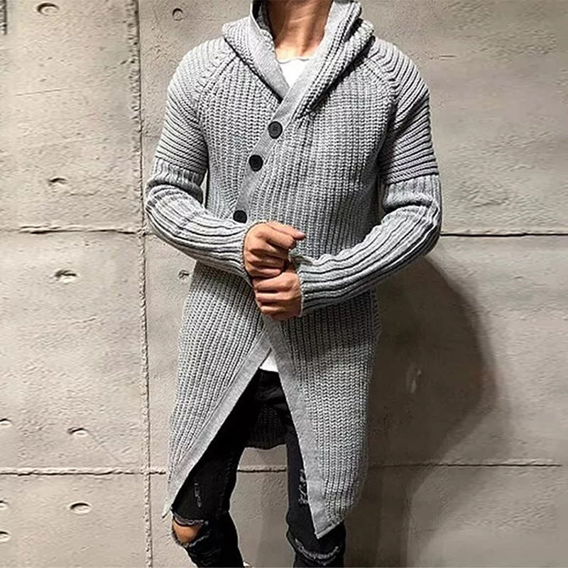 Men’s Cardigan – Chunky Knit – Longline Relaxed Fit – Hooded Shawl Collar – Asymmetrical Closure