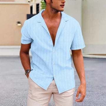 Men’s Short Sleeve Shirt – Cotton Linen Blend – Classic Fit – Button-Up – Woven Pattern