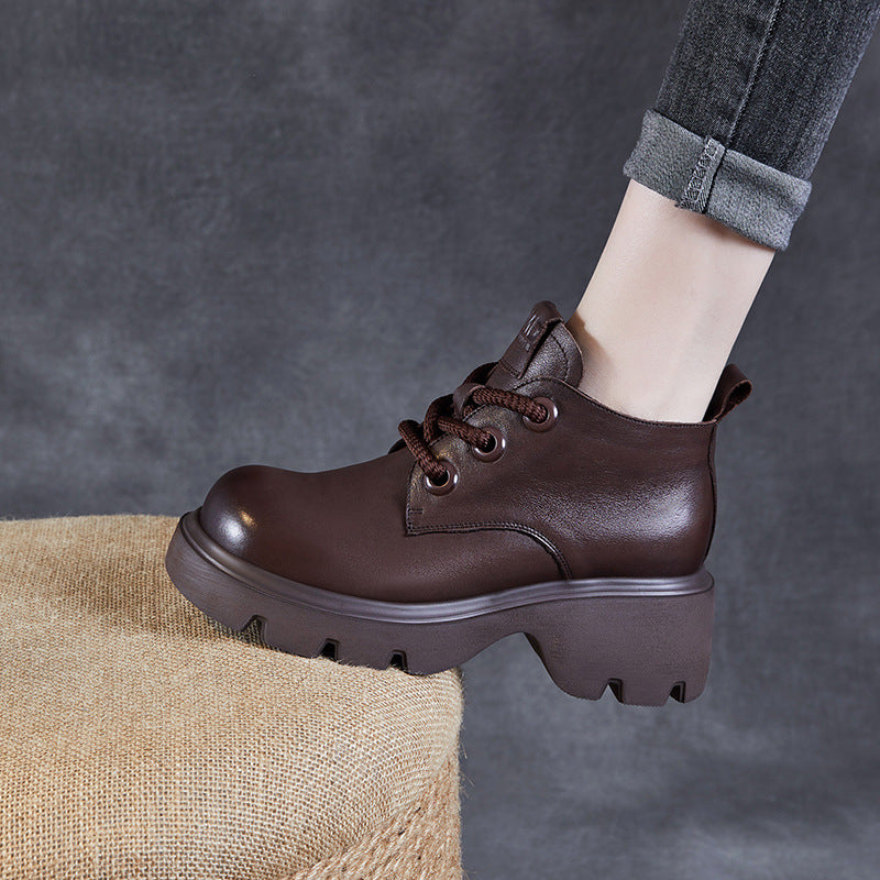 Women’s Ankle Boots – Genuine Leather – High-Top Fit – Chunky Sole – Lace-Up Style