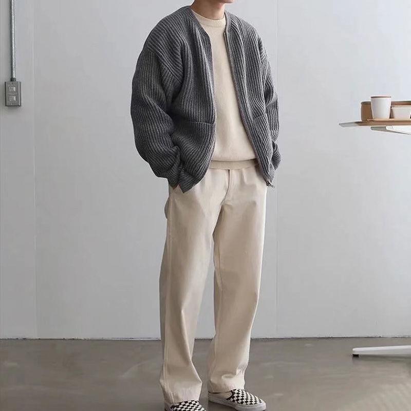 Men’s Cardigan – Relaxed Fit – Ribbed Knit – Open Front – Wool Texture – Dropped Shoulders