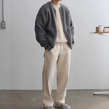 Men’s Cardigan – Relaxed Fit – Ribbed Knit – Open Front – Wool Texture – Dropped Shoulders