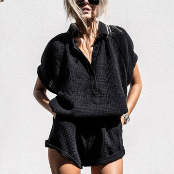 Women’s Lounge Set – Cotton Waffle Knit – V-Neck Top – Elastic Waist Shorts