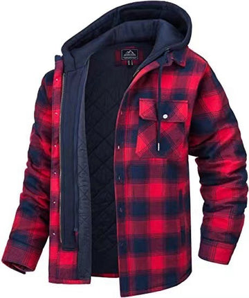 Fleece lined plaid hooded jacket for men