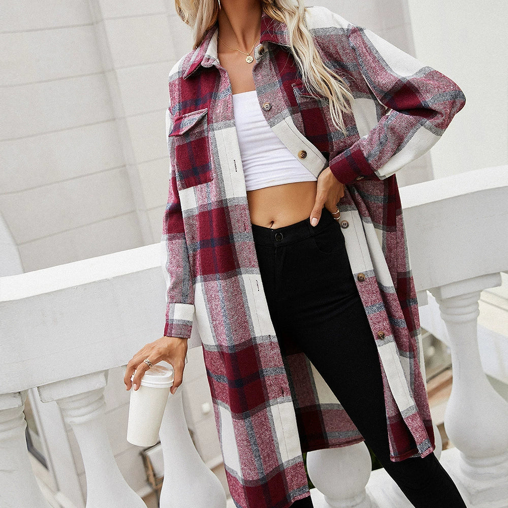Women’s Shirt Jacket – Oversized Fit – Plaid Pattern – Mid-Length – Soft Woven Fabric