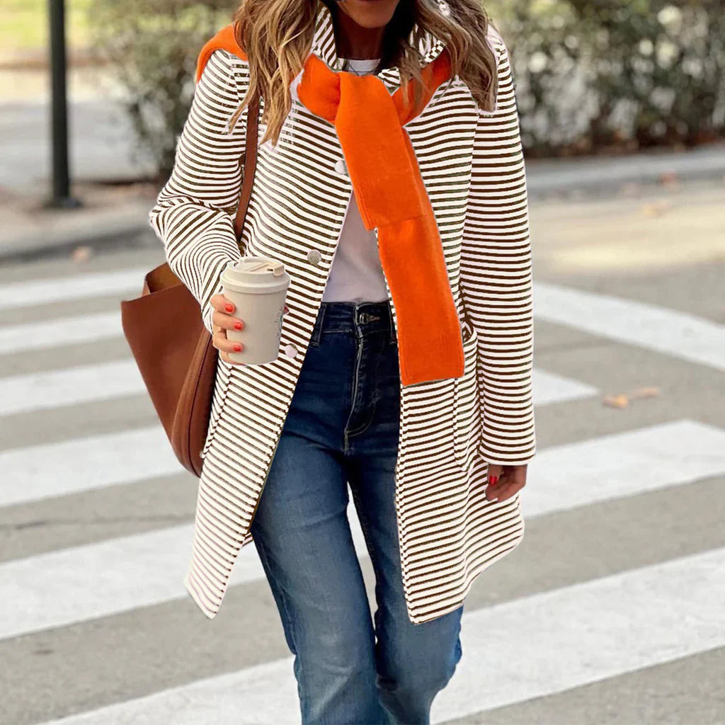 Women’s Trench Coat – Relaxed Fit – Mid-Thigh Length – Striped – Double-Breasted