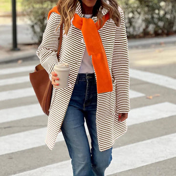 Women’s Trench Coat – Relaxed Fit – Mid-Thigh Length – Striped – Double-Breasted