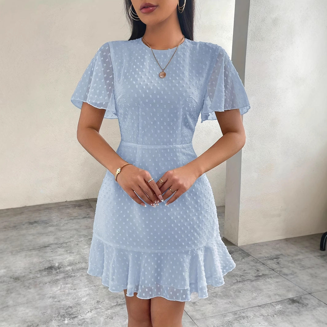 Women’s Short Sleeve Dress – Jacquard Dot – A-Line Fit – Flutter Sleeves – Mini Length