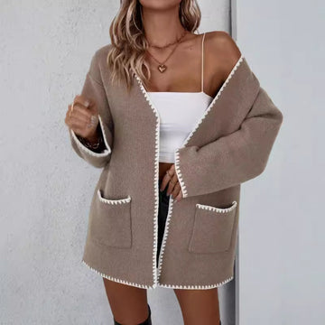 Women’s Knitted Cardigan – Oversized Fit – Open Front – Ribbed Trim – Front Pockets