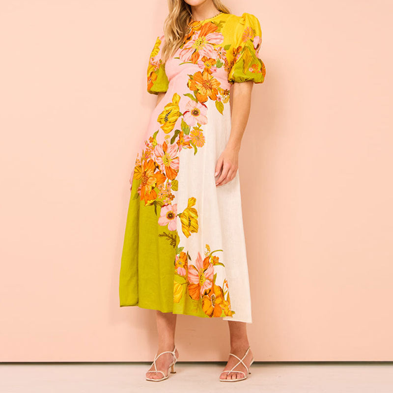 Women’s Midi Dress – Flared A-Line Fit – Puff Sleeve – Ethnic Floral Print – Soft Cotton