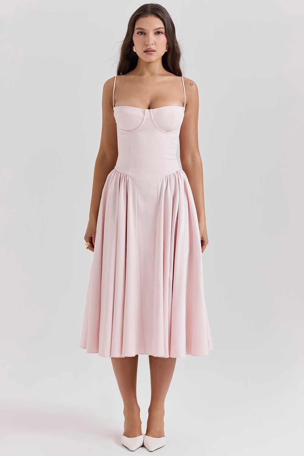 Women’s Midi Dress – Fitted Bodice – Spaghetti Straps – Pleated Flared Skirt