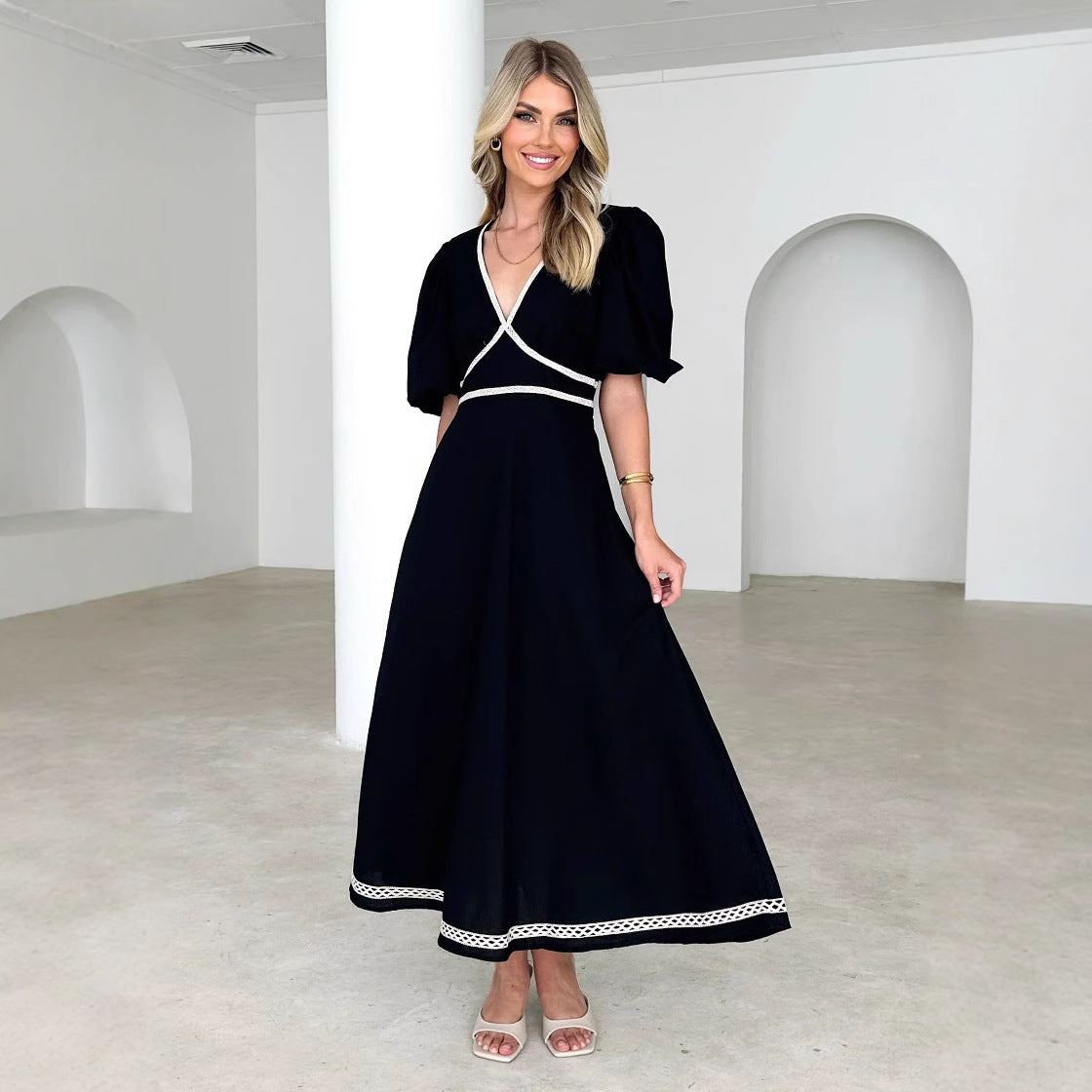 Women’s Long Dress – V-Neck – Puff Sleeve – Lace Trim – Fitted Waist – Flowy Skirt