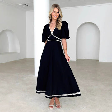 Women’s Long Dress – V-Neck – Puff Sleeve – Lace Trim – Fitted Waist – Flowy Skirt