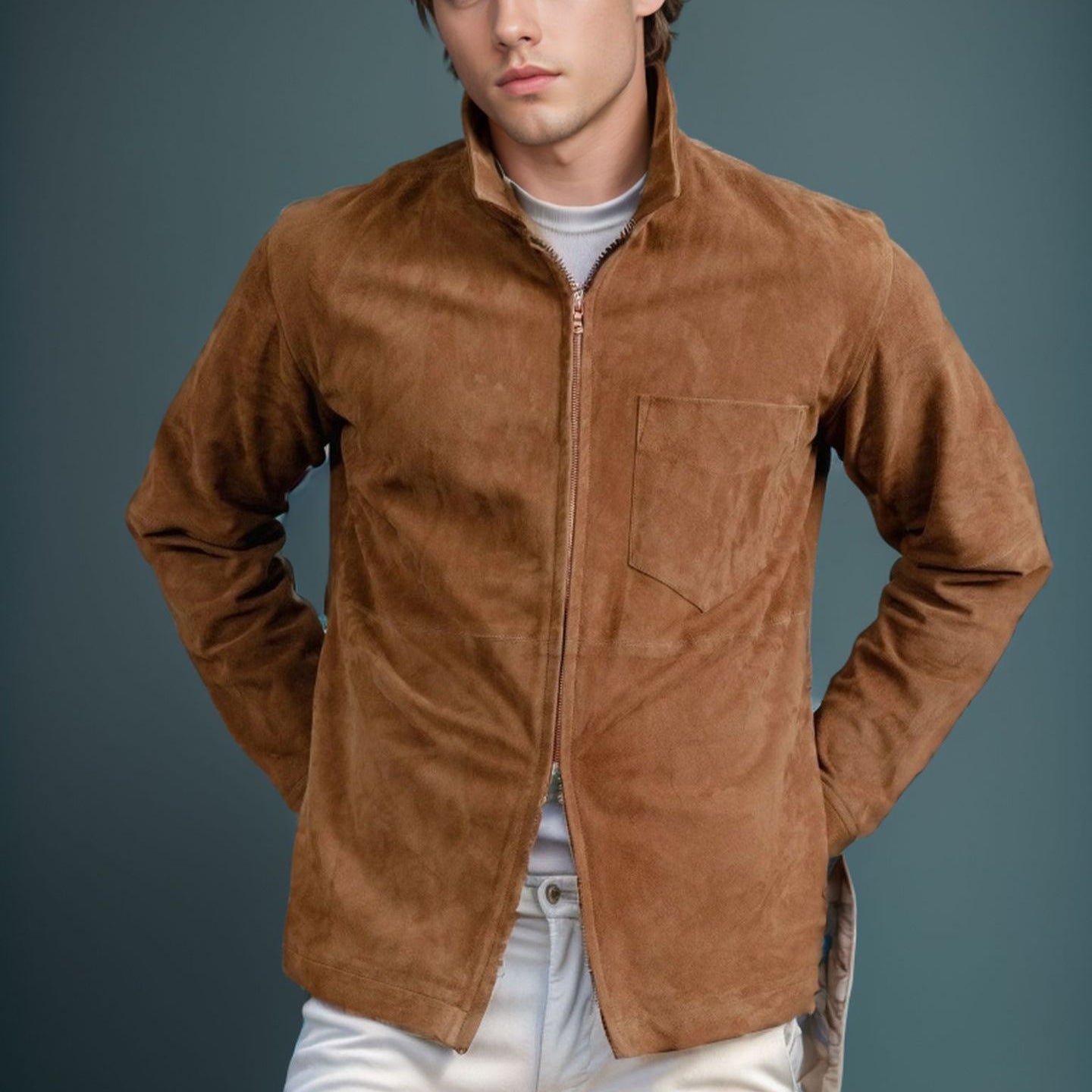 Men’s Suede Jacket – Slim Fit – Zipper Front – Stand Collar – Hip Length Casual Layer