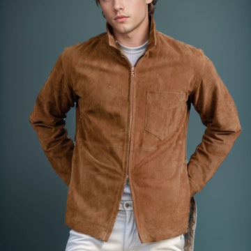 Men’s Suede Jacket – Slim Fit – Zipper Front – Stand Collar – Hip Length Casual Layer