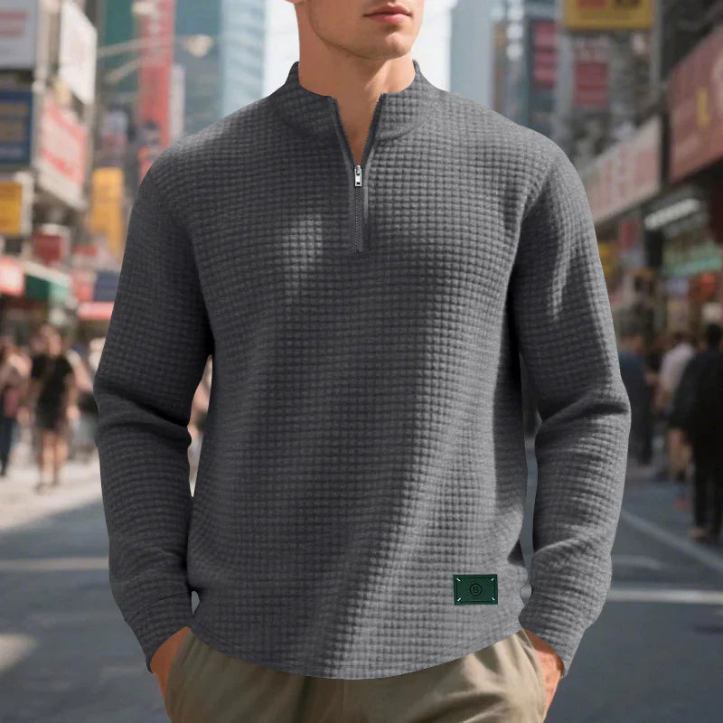 Men’s Sweater – Regular Fit – Waffle Knit Texture – Long Sleeve Mock Neck Quarter Zip