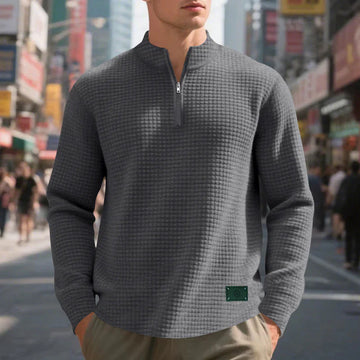 Men’s Sweater – Regular Fit – Waffle Knit Texture – Long Sleeve Mock Neck Quarter Zip