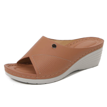 Women’s Wedge Slide Sandals – Open Toe – Perforated Strap – Slip-On Comfort Fit