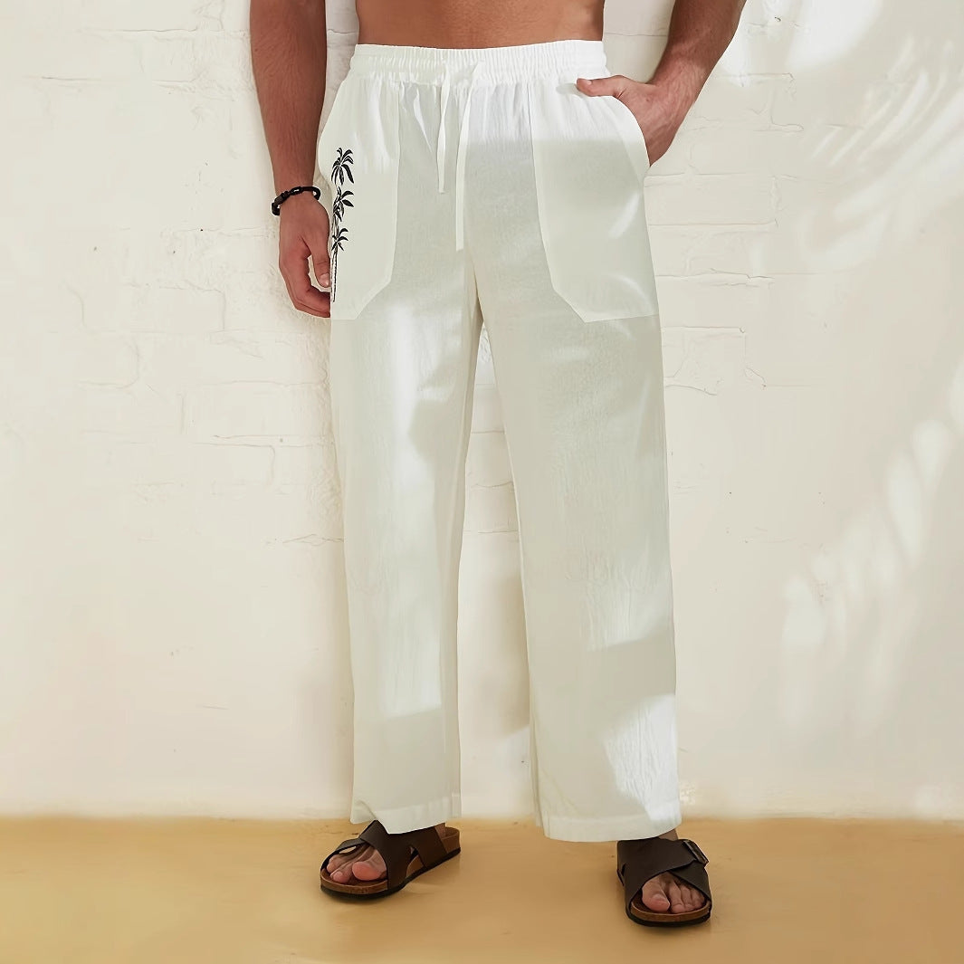 Men’s Wide-Leg Trousers – Relaxed Fit – Breathable Cotton Feel – Palm Tree Print – Drawstring Waist
