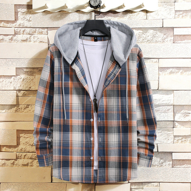 Plaid button up hoodie jacket for men