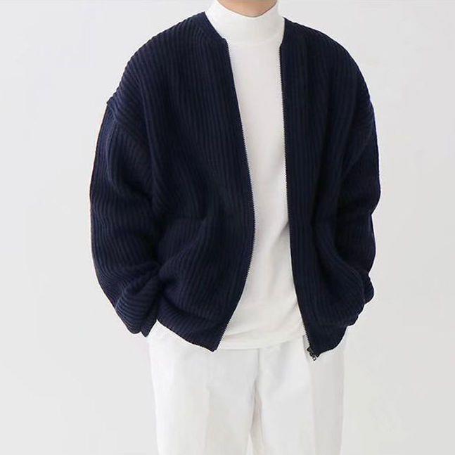 Men’s Cardigan – Relaxed Fit – Ribbed Knit – Open Front – Wool Texture – Dropped Shoulders