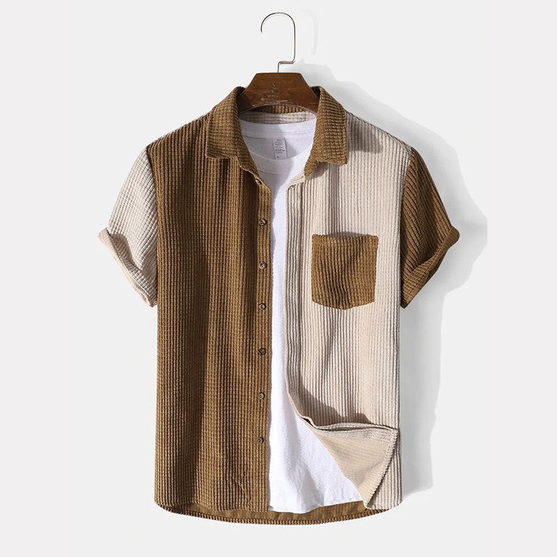 Men’s Two-Piece Set – Waffle Texture – Relaxed Fit – Button Shirt & Drawstring Shorts