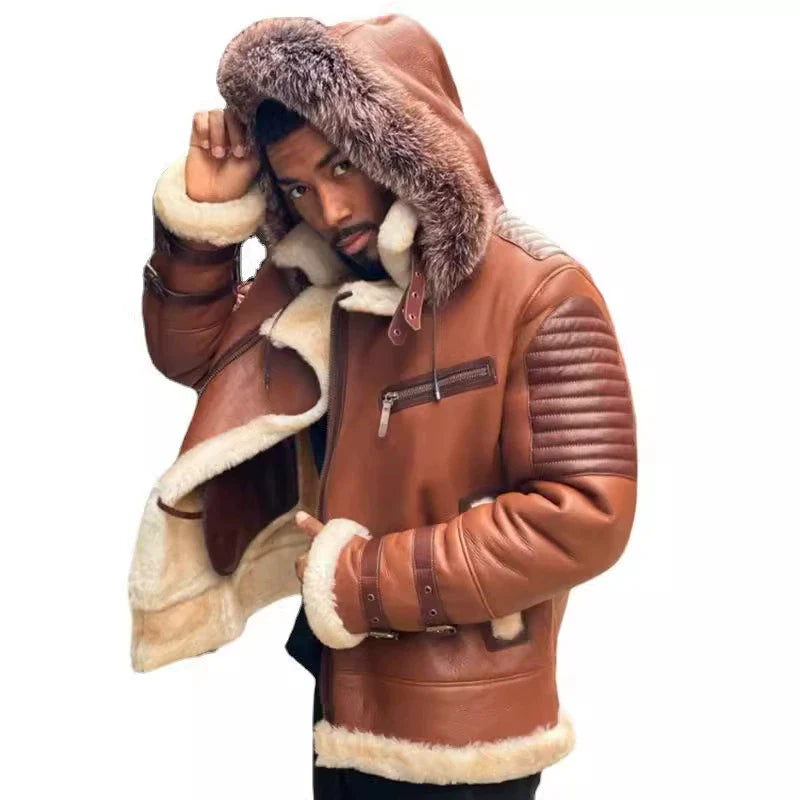 Men’s Leather-Look Coat – Relaxed Fit – Fur-Lined Hood – Quilted Sleeves – Zip Pockets