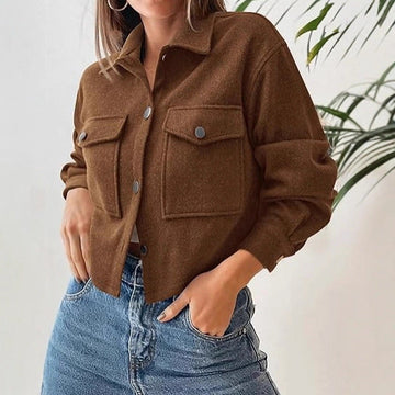 Women’s Cropped Coat – Relaxed Fit – Wool Blend – Spread Collar – Button Front – Pockets