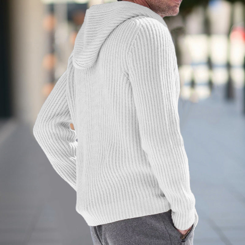 Men’s Hooded Knit Cardigan – Relaxed Fit – Ribbed Texture – Open Front – Long Sleeve