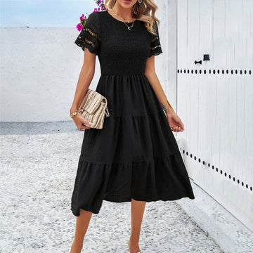 Women’s Midi Dress – Smocked Bodice – Tiered Skirt – Cut-Out Sleeves – Flowy Fit