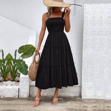Women’s Sleeveless Midi Dress – Smocked Bodice – Tiered Skirt – Cotton Blend